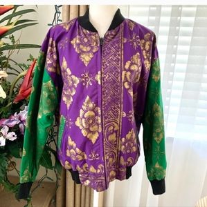 Reversible Handmade Printed Colorblock Gold Foil Pattern Bomber